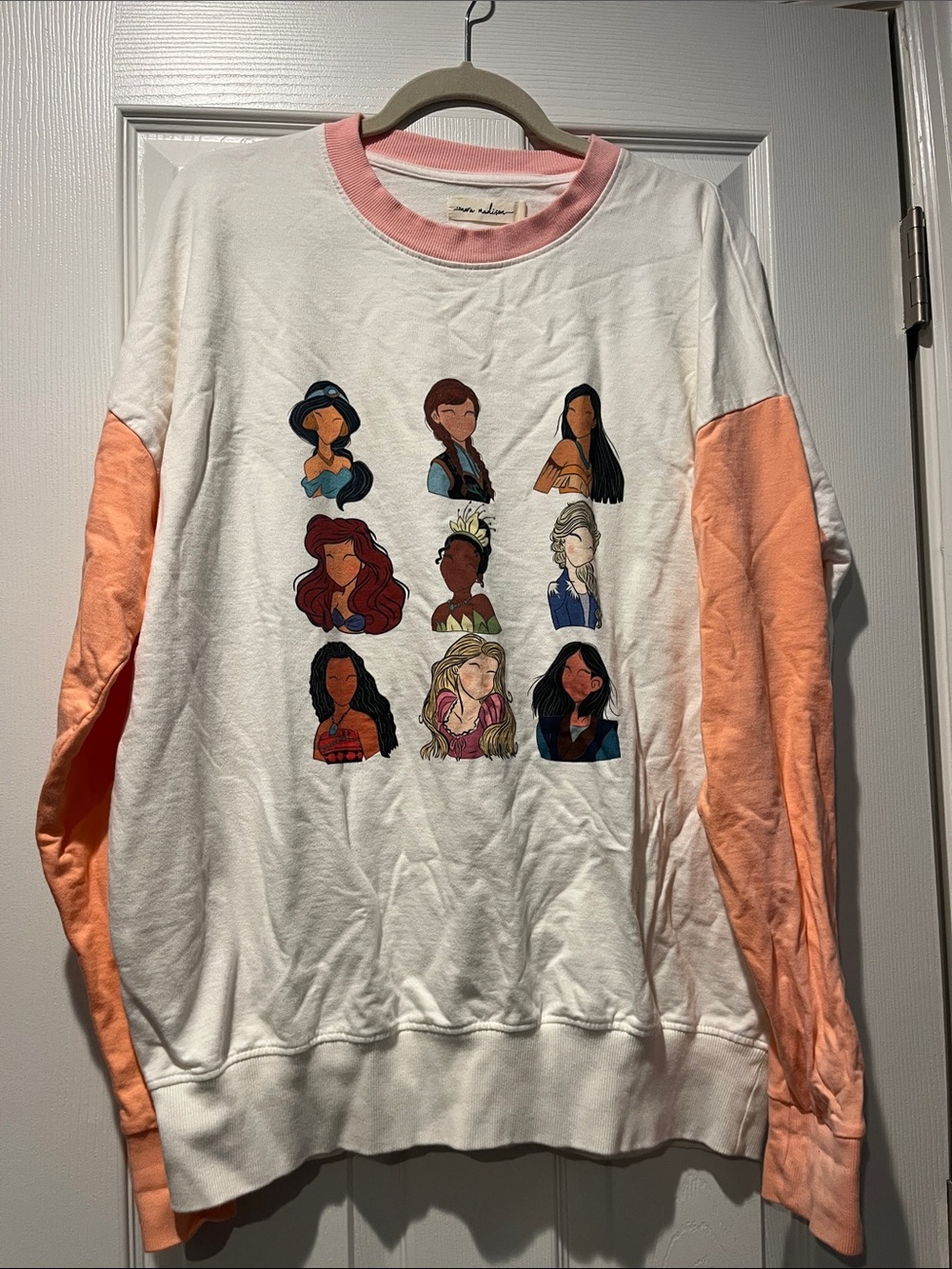 Nora Madison White Crewneck Disney Princess Sweatshirt with Peach Sleeves